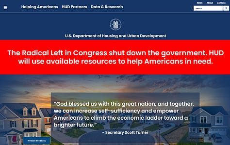Pop-ups and website banners blaming Democrats for the shutdown.