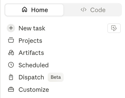 Claude desktop app showing the new Home and Code tabs after the Cowork update. The Cowork tab has been removed, and features like Projects, Artifacts, Scheduled, Dispatch, and Customize now appear under Home.
