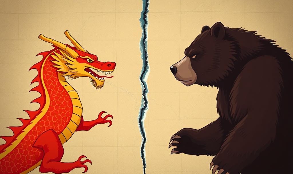 Illustration of a Chinese dragon and Russian bear separated by a visible fault line symbolizing tension in their strategic alliance. Illustration of a Chinese dragon and Russian bear separated by a visible fault line symbolizing tension in their strategic alliance.