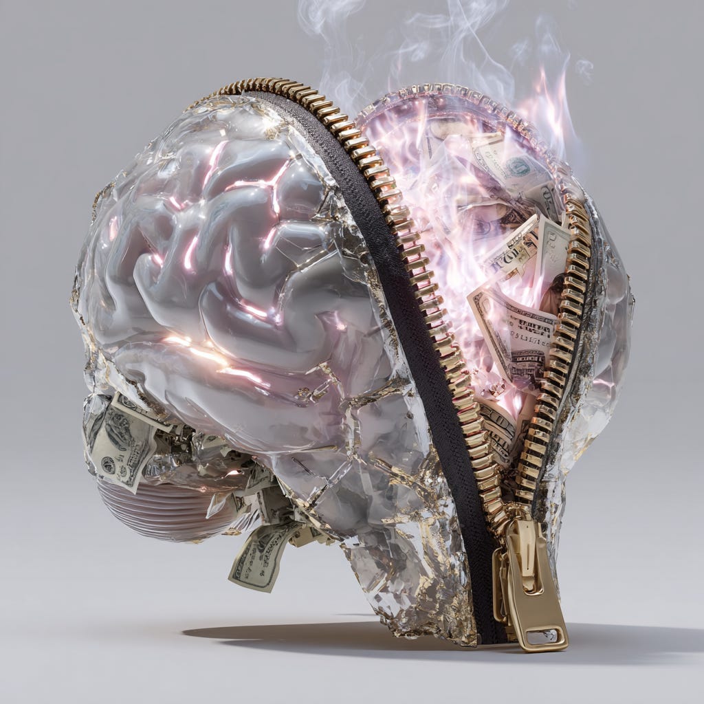 A hyperrealistic digital artwork of a translucent metallic AI brain being unzipped to reveal burning US dollar bills inside. Wisps of smoke rise from the open zipper, symbolising the financial hype, risk, and illusion behind artificial intelligence investment. The image captures the tension between futuristic promise and economic fallout, reflecting themes of AI vaporware, investor disillusionment, and the hidden human cost behind automated technologies. Styled with dramatic lighting and a surreal editorial tone, this visual metaphor is ideal for discussions on AI accountability, startup collapses, and the dangers of unchecked hype in the tech sector.