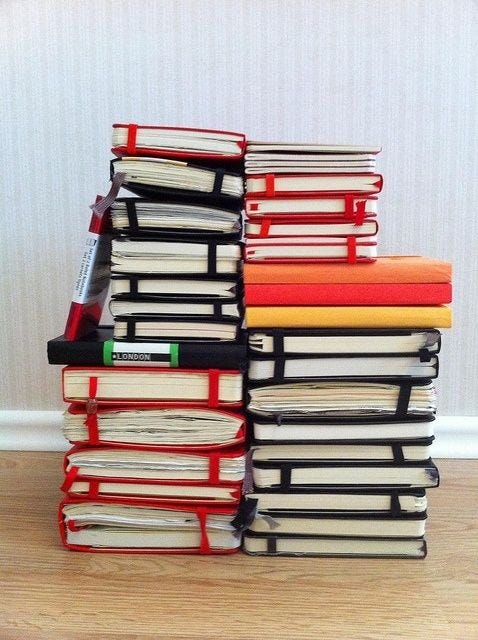 This may contain: a stack of books sitting on top of a wooden floor