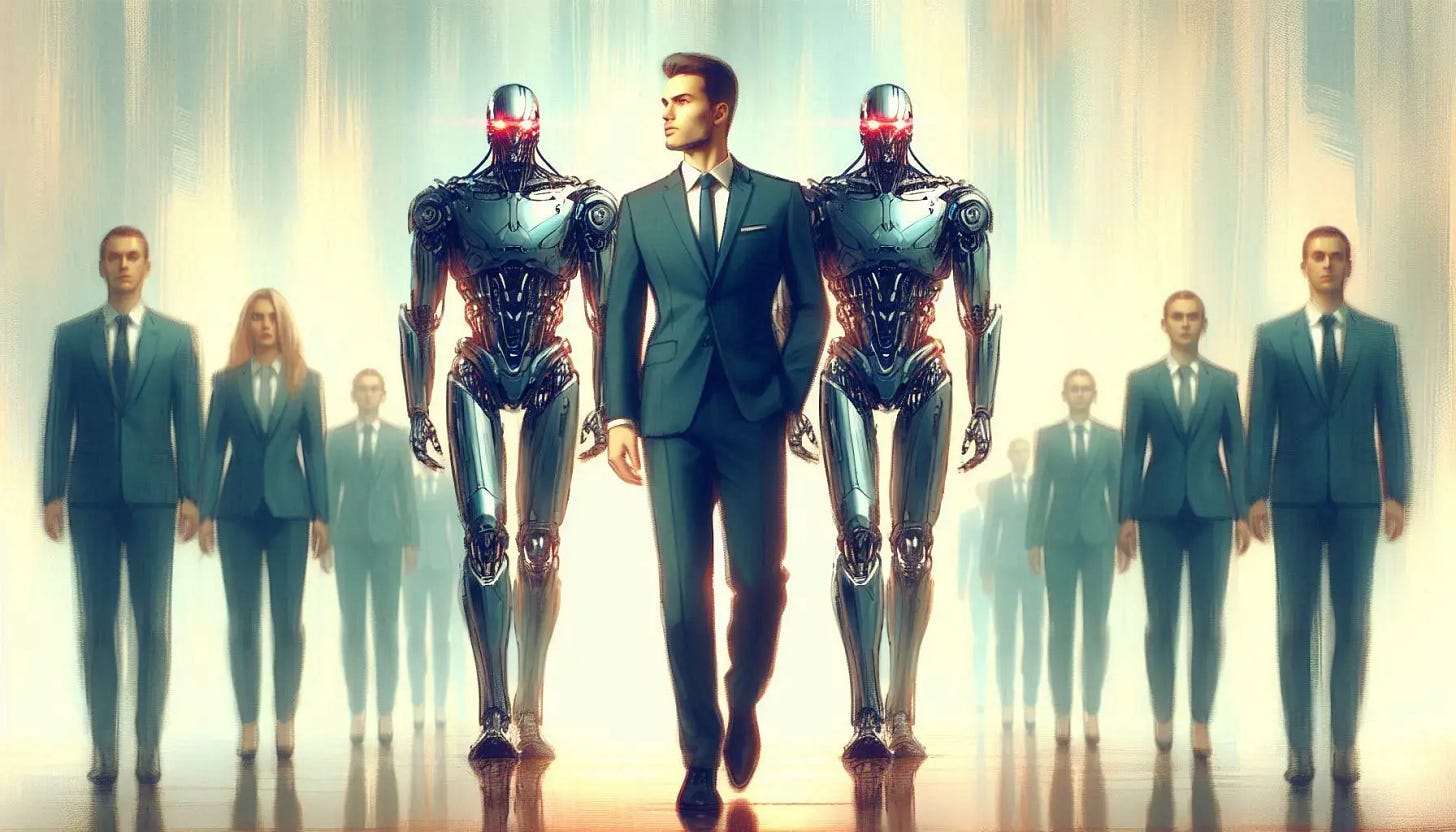 A tall, handsome man in a suit walks past two lines of respectful employees on either side. Behind him walk two hulking cyborgs with laser eyes. Slight impressionist style.