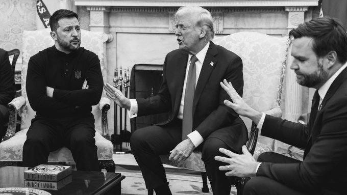 May be a black-and-white image of 3 people, beard and the Oval Office