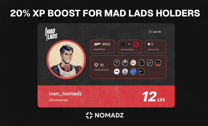 A digital card displaying Ivan, CEO of Nomadz, with a cartoon-style portrait of a character from Mad Lads. The card shows XP 950, rank 16, 10 achievements, and level 12. Text includes "20% XP BOOST FOR MAD LADS HOLDERS," "Mad Lads," and "Nomadz" logos.