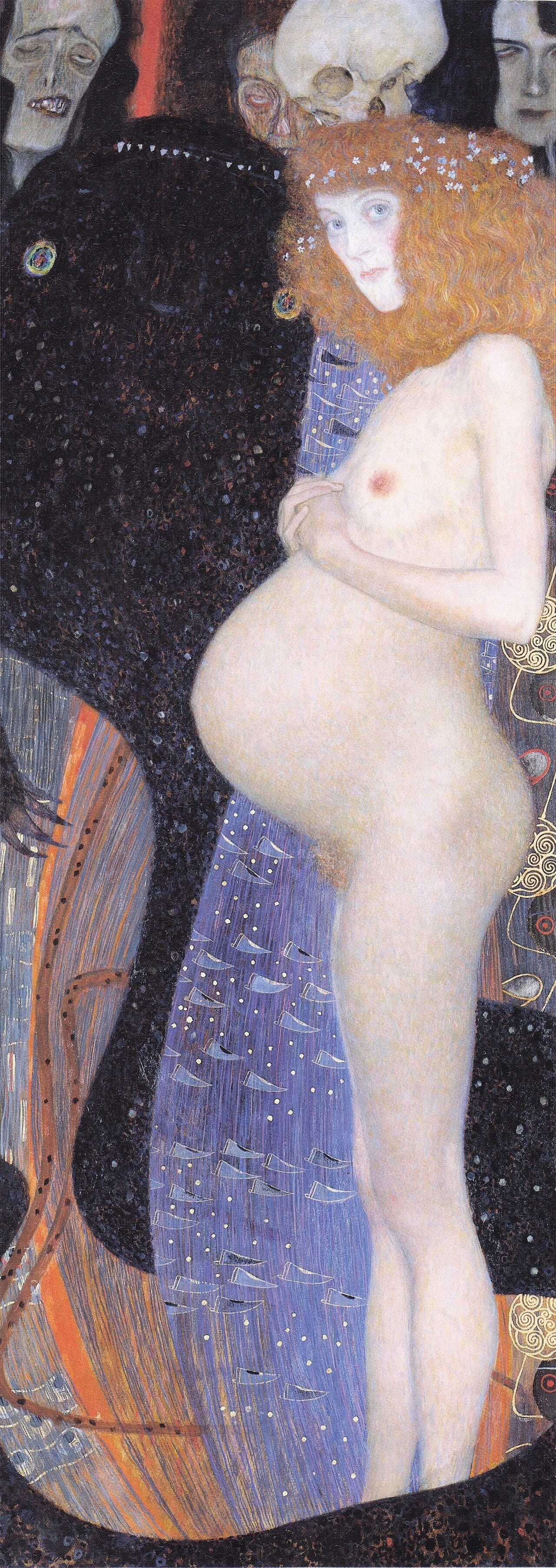 Klimt's naked pregnant woman with red hair in profile, looking out at the viewer, a black monster, a skull and three faces behind her Klimt's naked pregnant woman with red hair in profile, looking out at the viewer, a black monster, a skull and three faces behind her