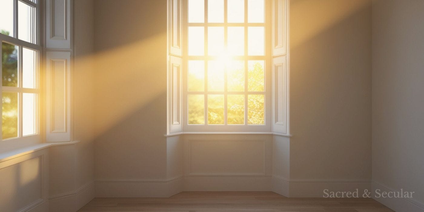 Soft golden light streaming through tall windows into an empty room, creating a calm and reflective atmosphere. Soft golden light streaming through tall windows into an empty room, creating a calm and reflective atmosphere.