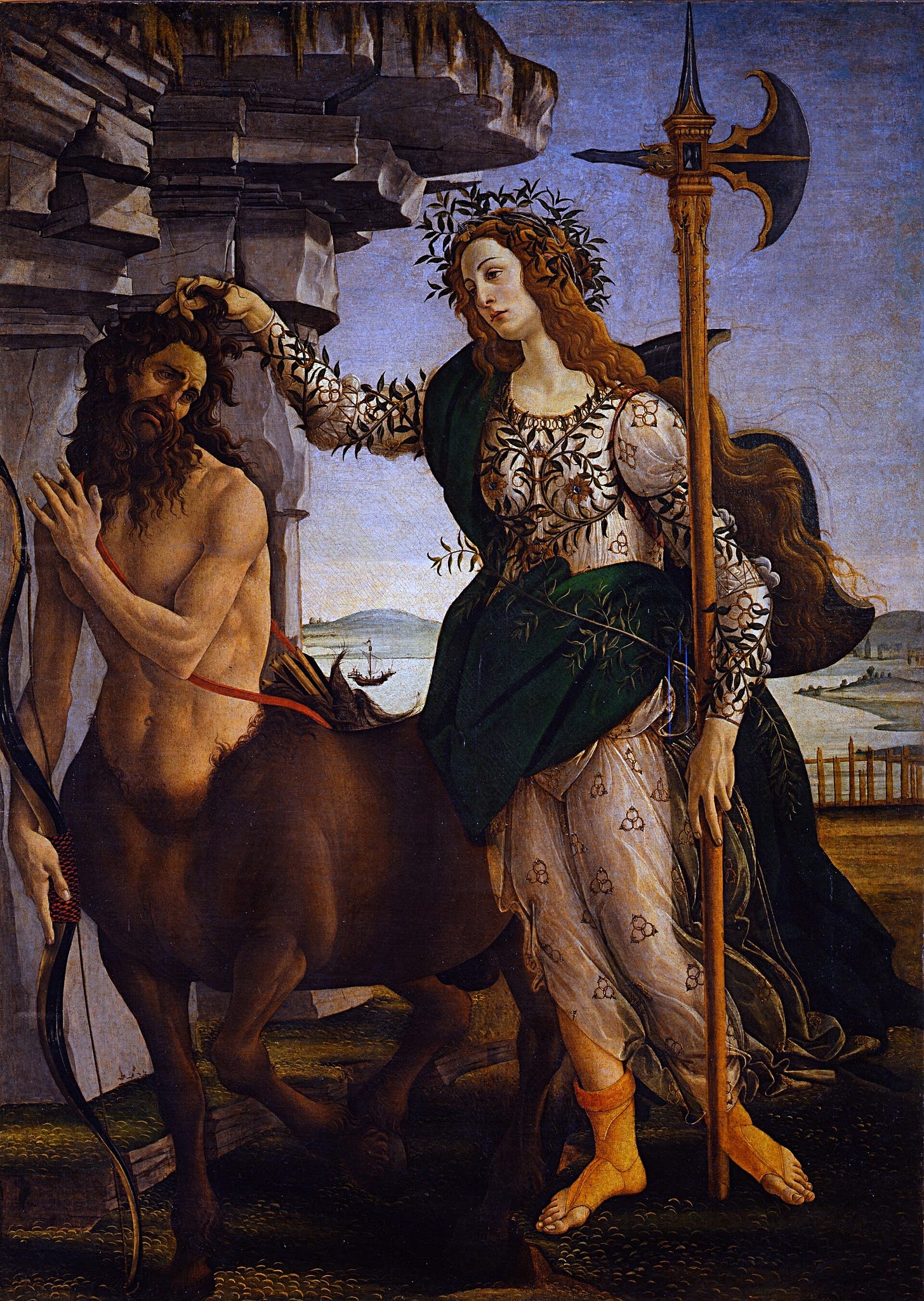 Pallas and the Centaur by Sandro Botticelli: a woman wrapped in olive branches holds a centaur by the hair