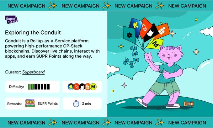A cartoon cat character, Meow Samma, holding a kite with various app or chain logos attached, including K, Q, M, and others. The background features a blue sky with clouds. Text overlays include "NEW CAMPAIGN" banners, "Exploring the Conduit platform," "Curator: Superboard," difficulty bars, reward icons for SUPR Points, and a 3-minute timer.