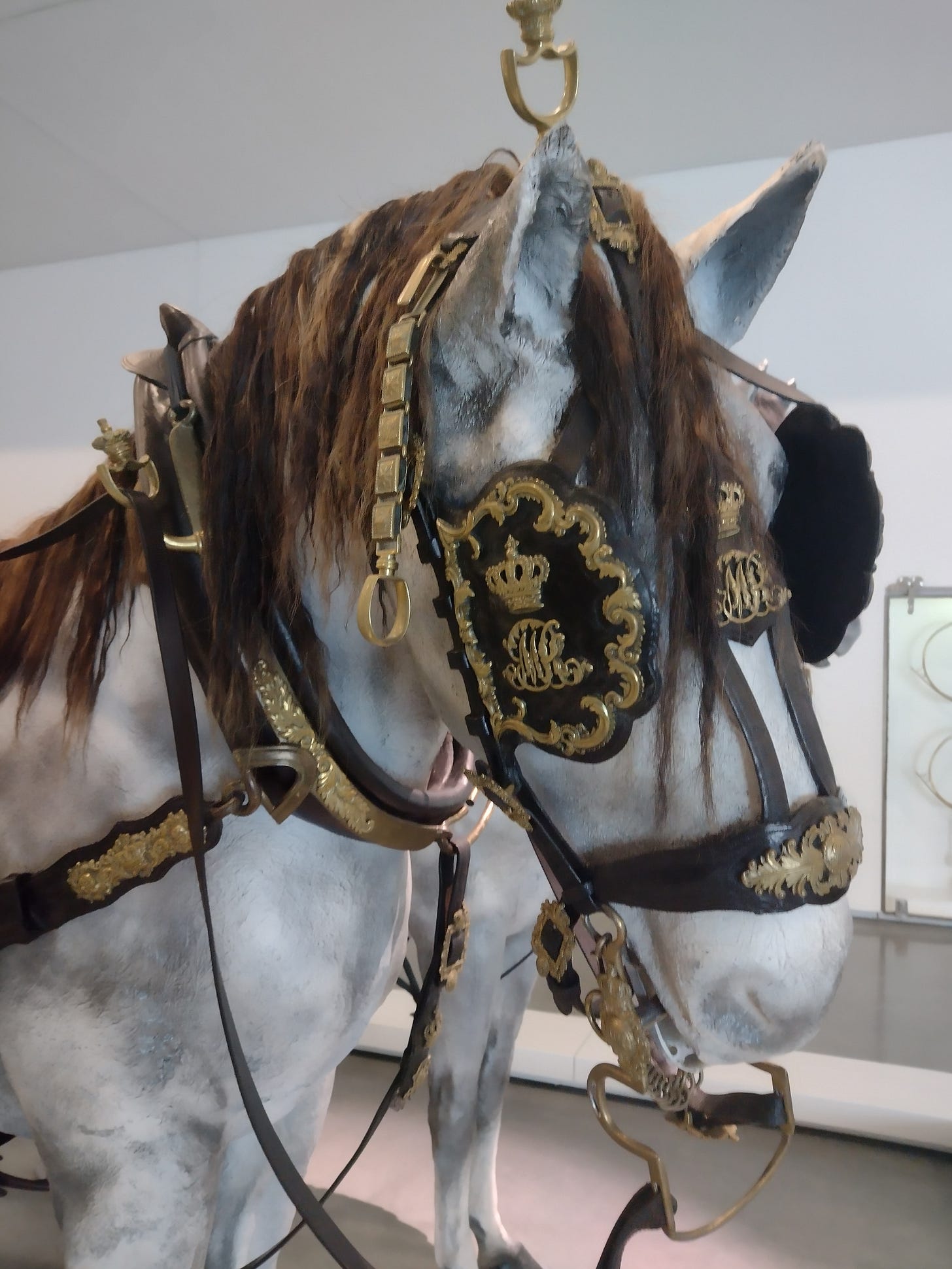 Horse head with ornate blinders