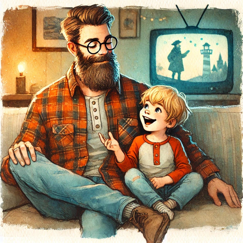 A bearded dad in a plaid flannel sits on a couch, smiling patiently as his blonde-haired son excitedly gestures. A TV in the background shows a pirate standing on a beach near a lighthouse. The warm, watercolor-style scene feels cozy and nostalgic.