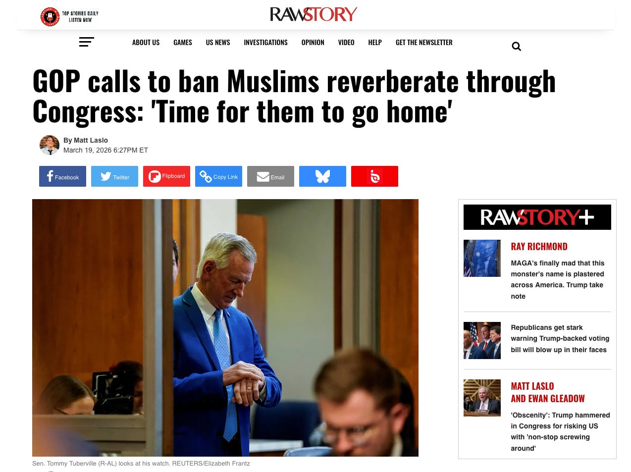 Scrrenshot of Ask a Pol founder Matt Laslo's Muslim ban feature for his LCB wireservice client Raw Story 