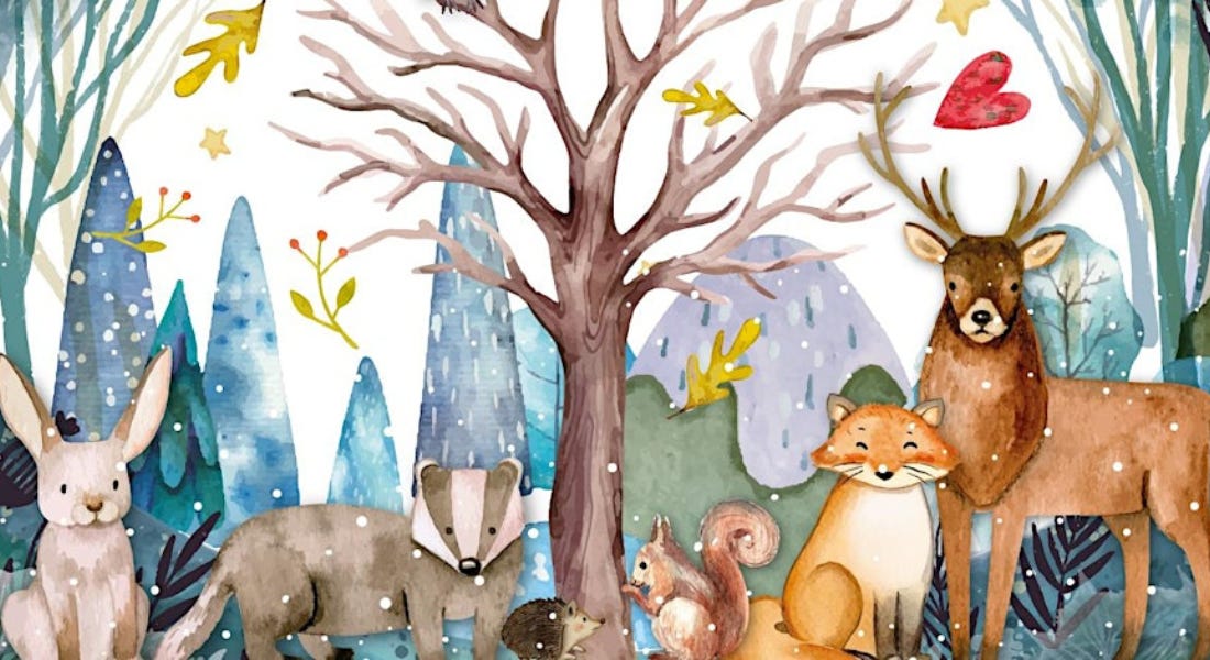 An illustration of a tree and woodland creatures in a wintery forest An illustration of a tree and woodland creatures in a wintery forest