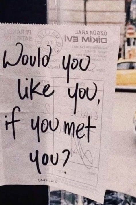 This may contain: a person holding up a sign that says would you like you if you met you?
