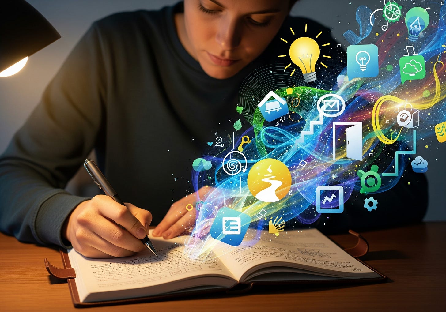 a person writing in a journal with a pen, surrounded by abstract representations of ideas and thoughts, illustrating the concept of gaining clarity through journaling