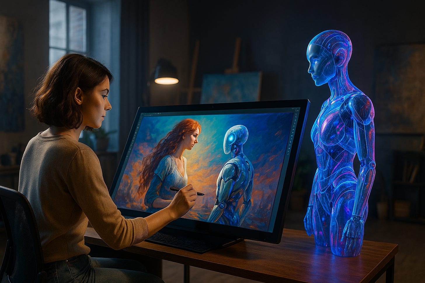 Tânără artistă digitală pictând pe un ecran tactil mare, în timp ce un model 3-D holografic generat de AI plutește lângă ea, într-un studio iluminat cu soft-box.