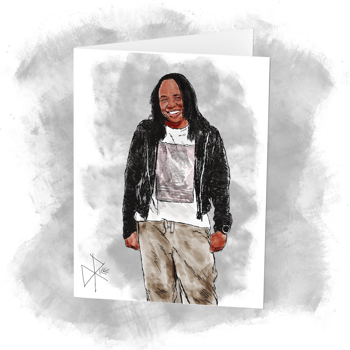 A smiling woman rocking the casual look with a chunky watch, black leather jacket and cargo pants. Sketch art by Don Rice. A smiling woman rocking the casual look with a chunky watch, black leather jacket and cargo pants. Sketch art by Don Rice.