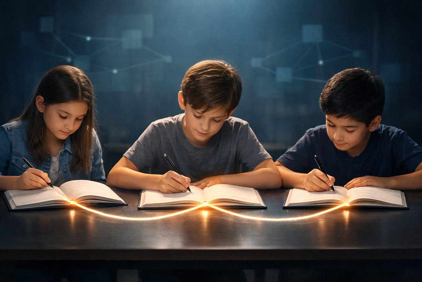 Three children writing in identical notebooks, connected by glowing lines to illustrate shared consensus and synchronization. Three children writing in identical notebooks, connected by glowing lines to illustrate shared consensus and synchronization.