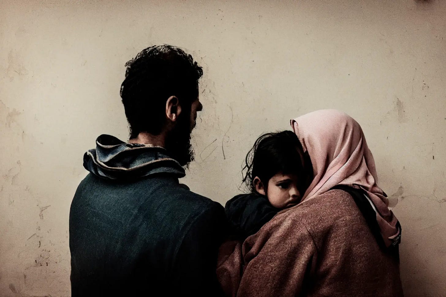 Child crying in mother's shoulder, beside father