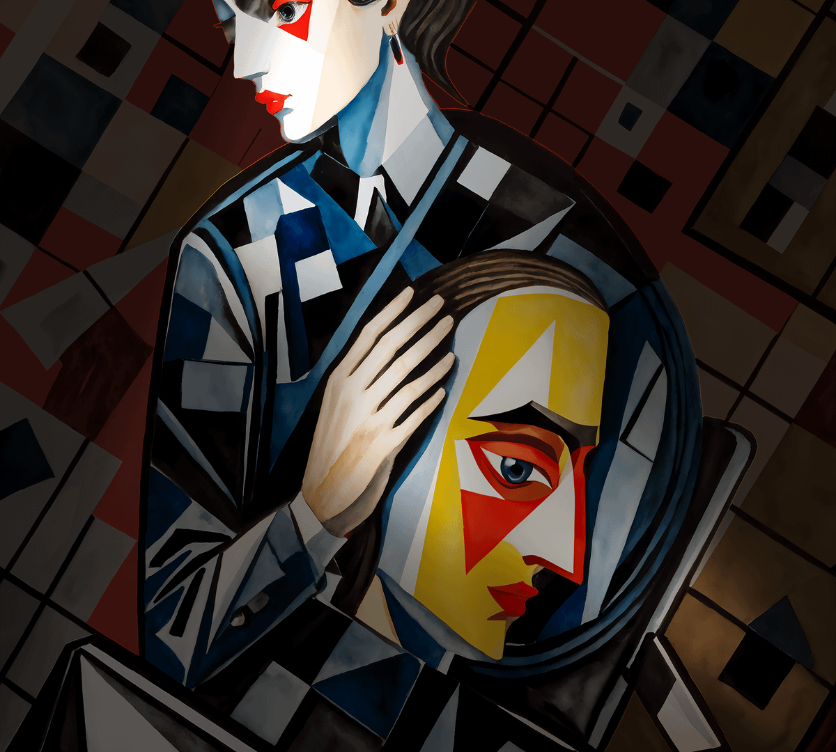 The abstract digital image by author, titled "Therapist's Delight," depicts a stylized human figure with geometric patterns and contrasting colors. The subject's face is divided into light and dark halves, with the light side featuring blue and gray checkered patterns and the shadowed side in solid black with a striking red eye. The figure's hand is pressed against their chest, fingers splayed, revealing a bright yellow angular shape underneath, possibly representing the heart or inner self. The bold, fragmented forms and dramatic color contrasts create a sense of inner turmoil, duality, or conflicting emotions. Visually, the piece combines cubist and art deco aesthetics, using strong lines, angles, and a limited palette to create a impactful, somewhat mysterious composition. The segmented background in muted red and gray tones adds depth and enhances the overall mood. The abstract digital image by author, titled "Therapist's Delight," depicts a stylized human figure with geometric patterns and contrasting colors. The subject's face is divided into light and dark halves, with the light side featuring blue and gray checkered patterns and the shadowed side in solid black with a striking red eye. The figure's hand is pressed against their chest, fingers splayed, revealing a bright yellow angular shape underneath, possibly representing the heart or inner self. The bold, fragmented forms and dramatic color contrasts create a sense of inner turmoil, duality, or conflicting emotions. Visually, the piece combines cubist and art deco aesthetics, using strong lines, angles, and a limited palette to create a impactful, somewhat mysterious composition. The segmented background in muted red and gray tones adds depth and enhances the overall mood.
