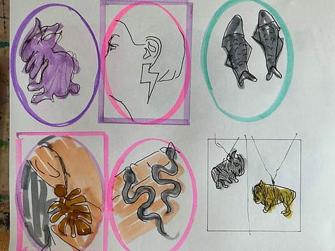 Photos des dessins que Merrill a fait aux feutres pendant la session. Elle a dessiné un petit cadre pour chaque.