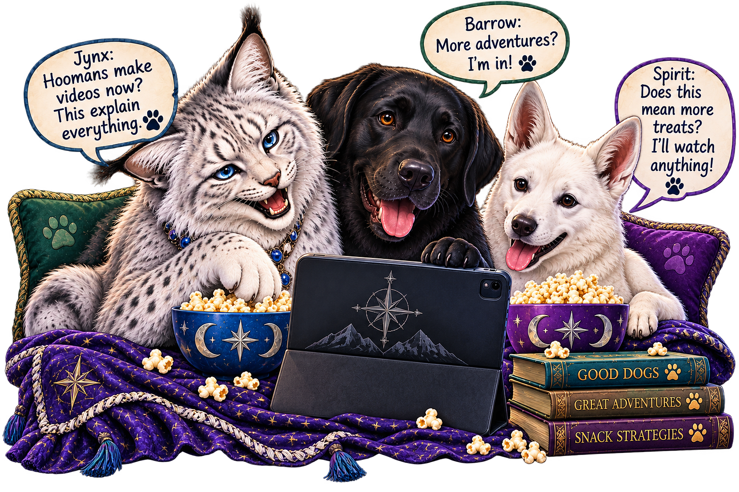 Jynx, Barrow and Spirit discussing the new YouTube channe;. Jynx thinks it explains everything. Barrow is in for the adventues adn Spirit thinks she'll like it if there's treats. Jynx, Barrow and Spirit discussing the new YouTube channe;. Jynx thinks it explains everything. Barrow is in for the adventues adn Spirit thinks she'll like it if there's treats.