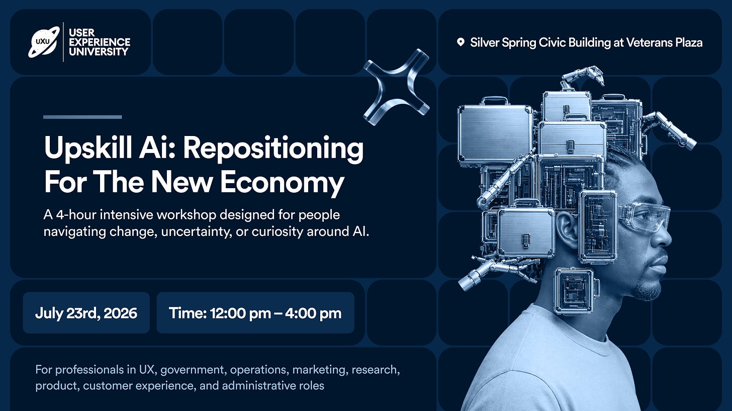 Upskill AI: Repositioning For The New Economy July 23, 2025 · 12:00–4:00 PM Silver Spring Civic Building at Veterans Plaza 1 Veterans Pl, Silver Spring, MD 20910 Presented with Montgomery County Government