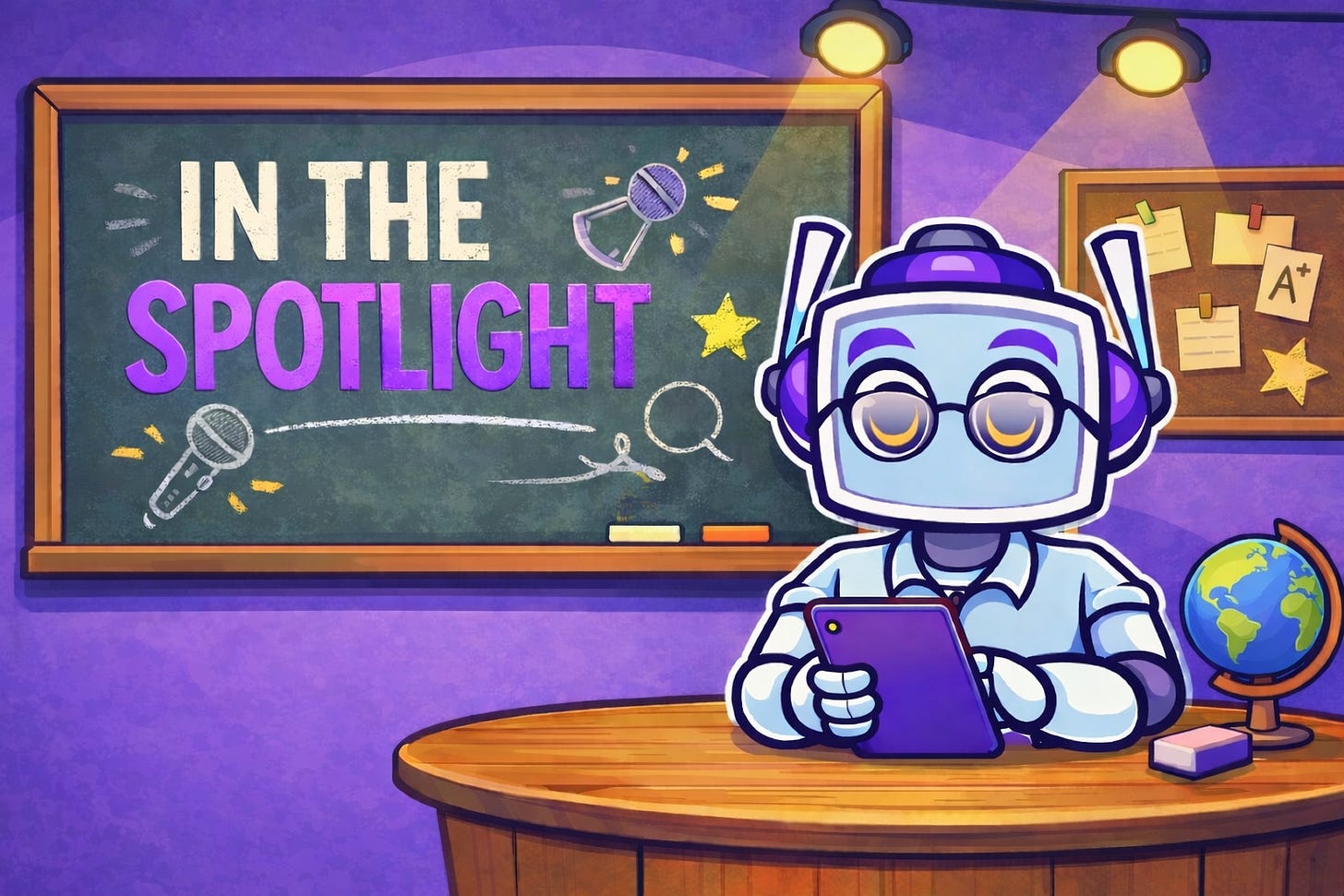 Cartoon-style illustration of a news anchor robot sitting at a broadcast desk under bright studio spotlights, holding a purple tablet. Behind the robot, a chalkboard reads “IN THE SPOTLIGHT” in multicolored letters, including green, indigo, blue, and violet accents, with microphone and star icons drawn in chalk. The scene features vibrant purple and gold lighting, a classroom-inspired backdrop, and a globe on the desk, blending education and news forecasting themes in a modern AI media setting.