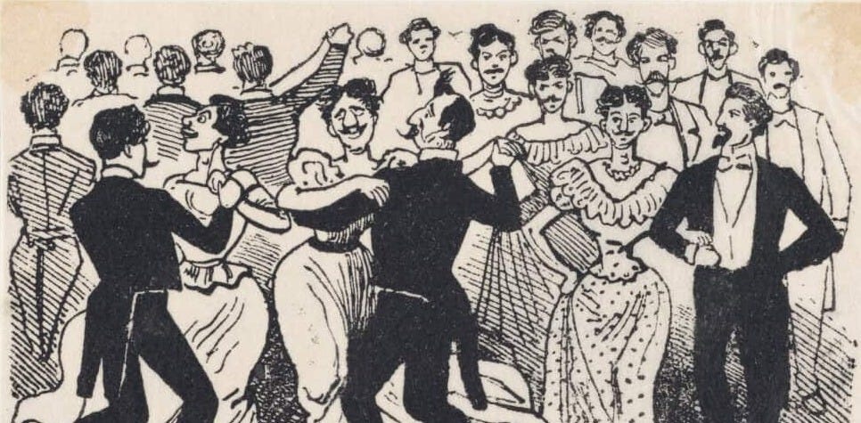 A drawing of a group of men in tuxedos dancing with men in long dresses.