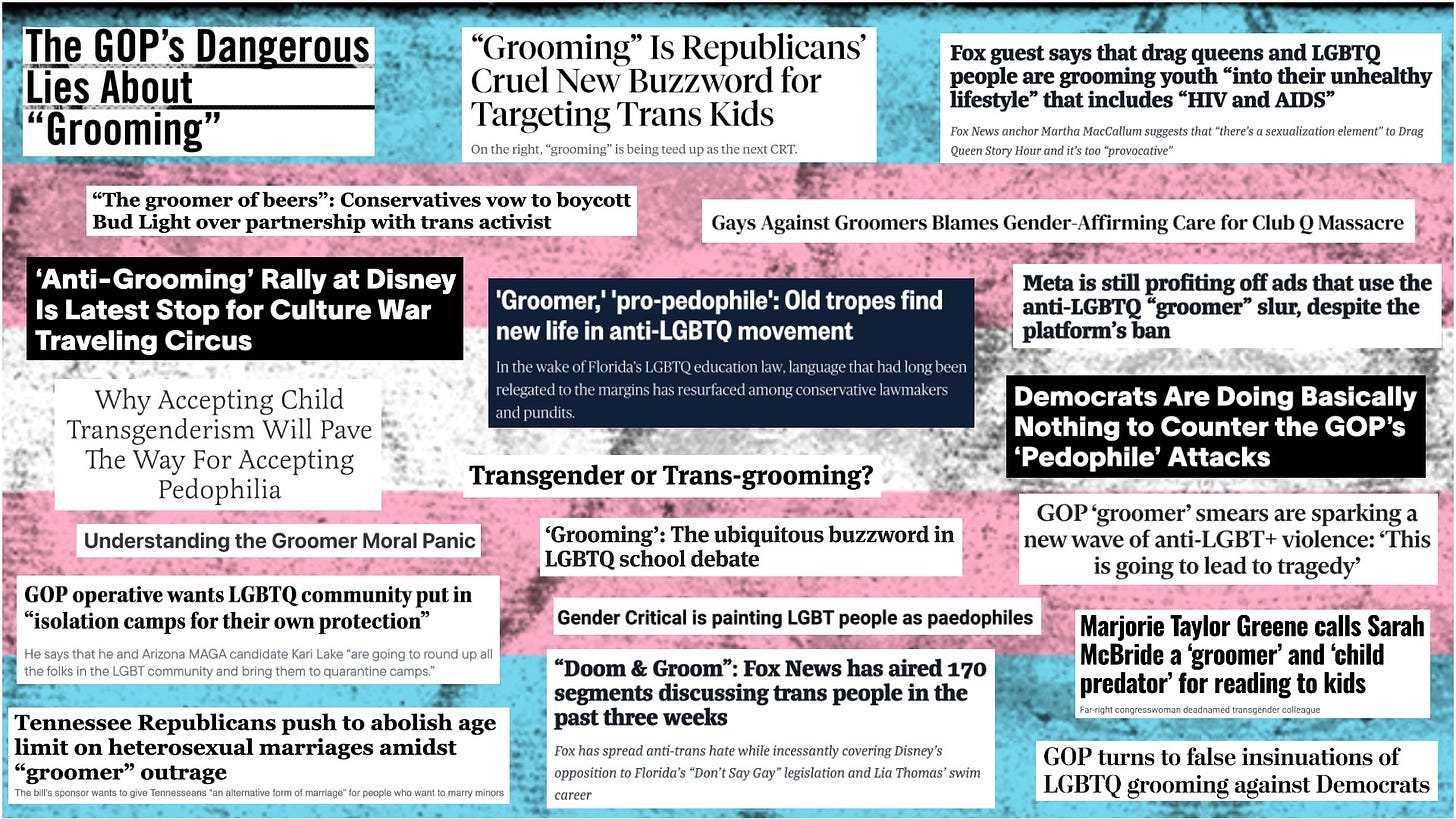 a collage of headlines (most described in the article) about claims accusing trans and LGBTQ+ people of “grooming” children. they are set against a Trans Pride flag