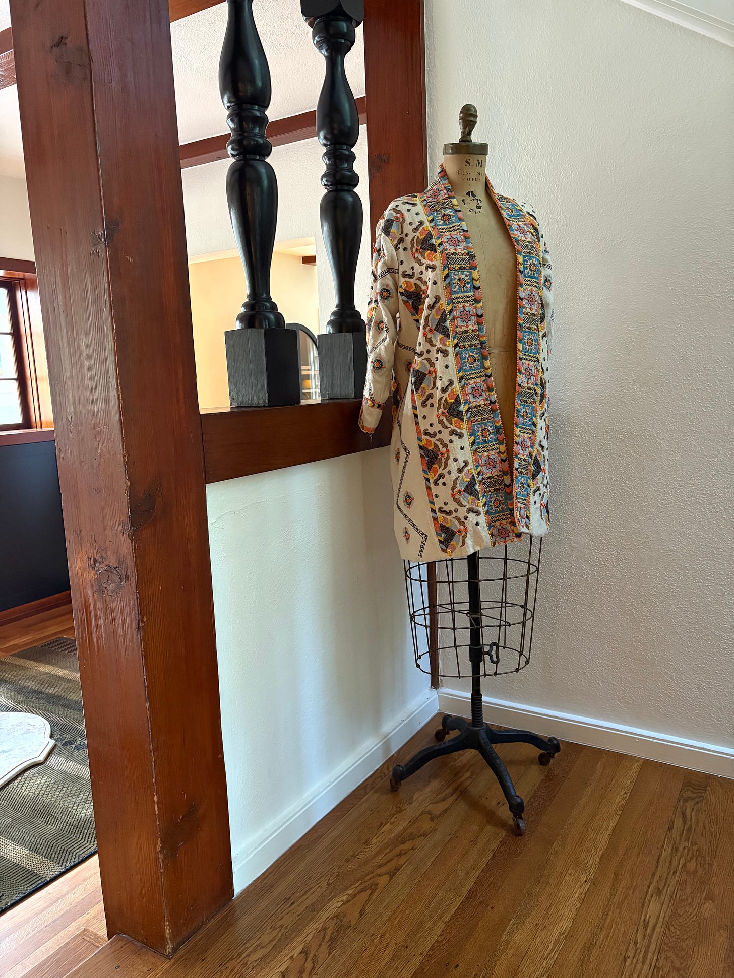 vintage shopping, entry, entryway, woodwork, apparel design, manikin, Anthropologie, jacket, spring jacket, beaded jacket, Lake Oswego, Tudor home, 1939 home, remodel