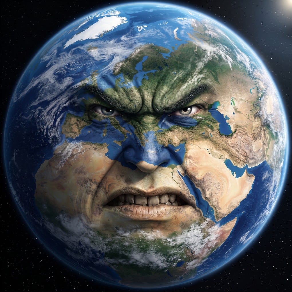 Photorealistic composite image of planet Earth from space, its continents and cloud formations forming a furious, scowling human face, illustrating the anthropomorphised 'angry planet' framing common in save-the-planet rhetoric www.thealmightygob.com Photorealistic composite image of planet Earth from space, its continents and cloud formations forming a furious, scowling human face, illustrating the anthropomorphised 'angry planet' framing common in save-the-planet rhetoric www.thealmightygob.com