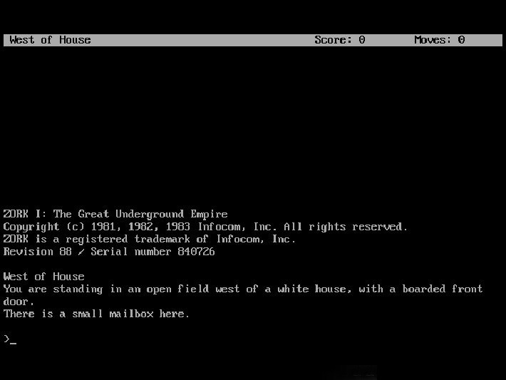 Bar at top reads: "West of House. Score: 0. Moves: 0.  Main text gives the title, Zork I: The Great Underground Empire, followed by copyright information. "West of House. You are standing in an open field west of a white house, with a boarded front door. There is a small mailbox here." An arrow and line indicate the game is waiting for player input.