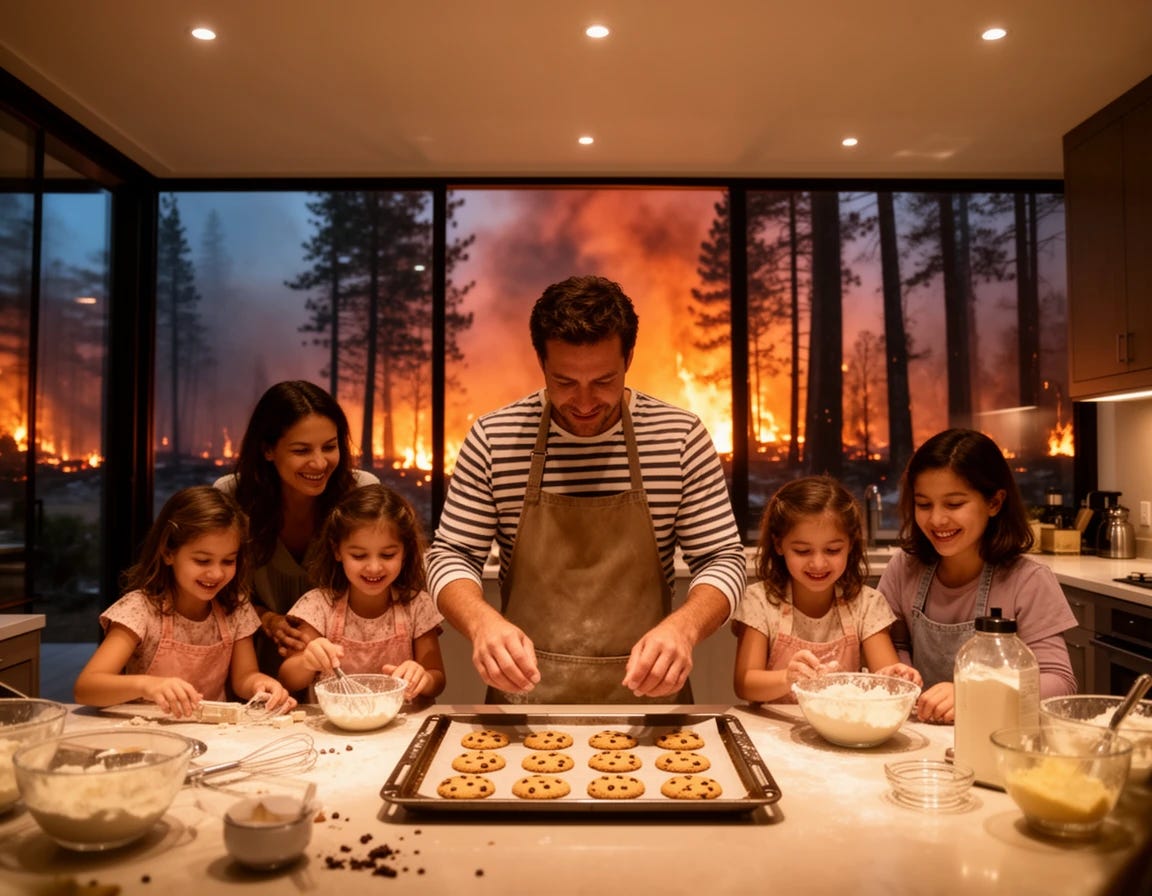 Man baking chocolate chip cookies with wife and three daughters with forest fire outside through the window