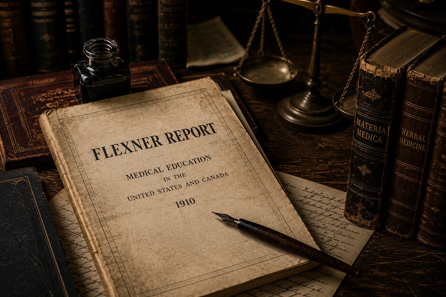 Original 1910 Flexner Report surrounded by antique medical books, representing Abraham Flexner, Rockefeller Foundation reforms, medical education, and the decline of herbal medicine in America.