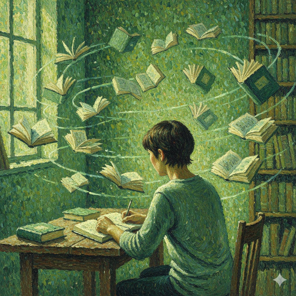 a person from behind working at a table, surrounded by floating books to represent their thoughts on what to read next a person from behind working at a table, surrounded by floating books to represent their thoughts on what to read next