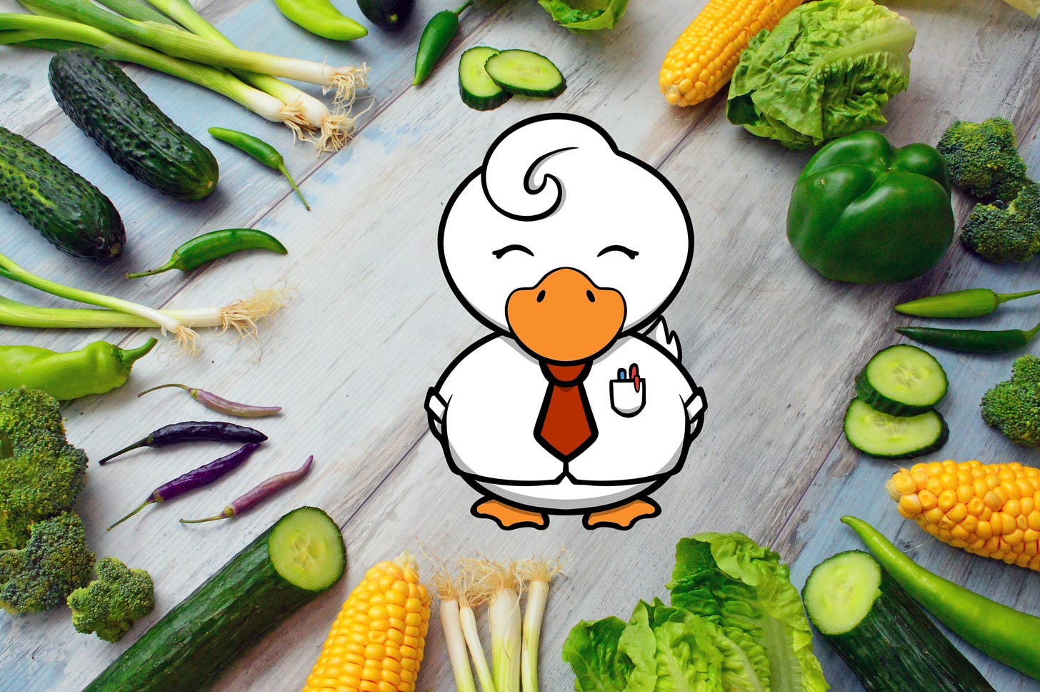 A cartoon duck surrounded by IRL veggies. A cartoon duck surrounded by IRL veggies.