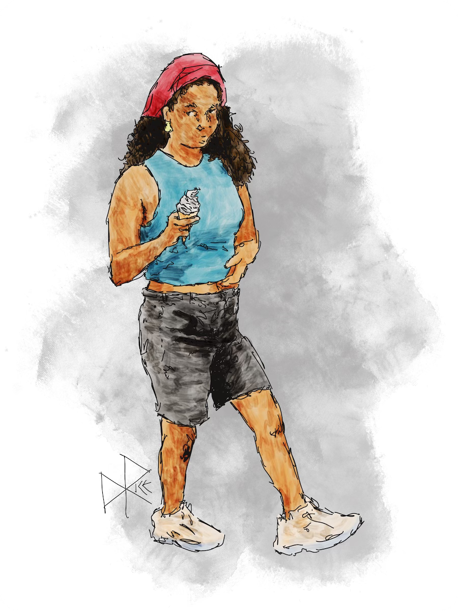 A girl wearing shorts and a tank top walks with an early morning soft-serve cone in her hand. Sketch art by Don Rice. A girl wearing shorts and a tank top walks with an early morning soft-serve cone in her hand. Sketch art by Don Rice.