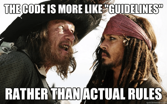 Barbossa leaning towards Jack Sparrow saying "the code is ...