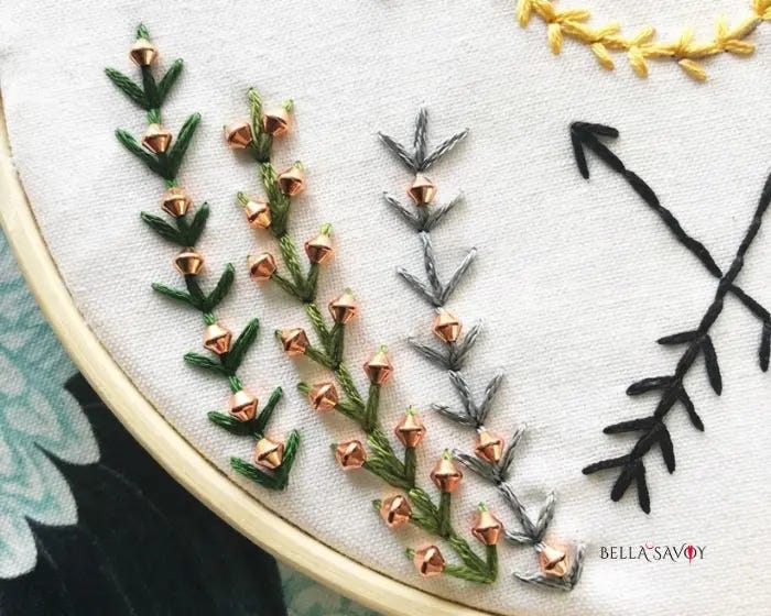 Fern Stitch Embroidery Tutorial 113 fern stitches ceating foliage with copper beads