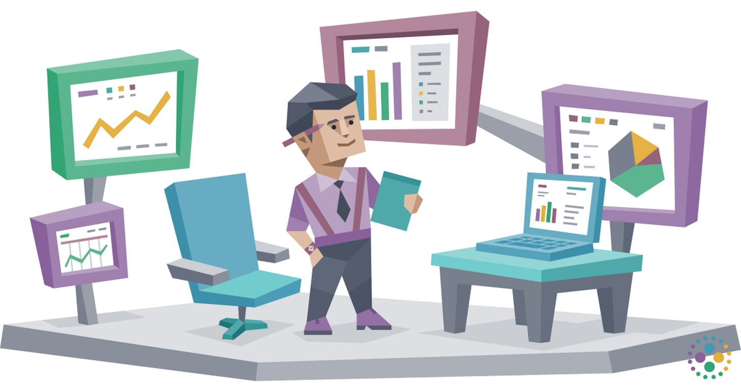 Illustration of an Analyst man standing in a workspace surrounded by charts, graphs, and a laptop displaying data dashboards.