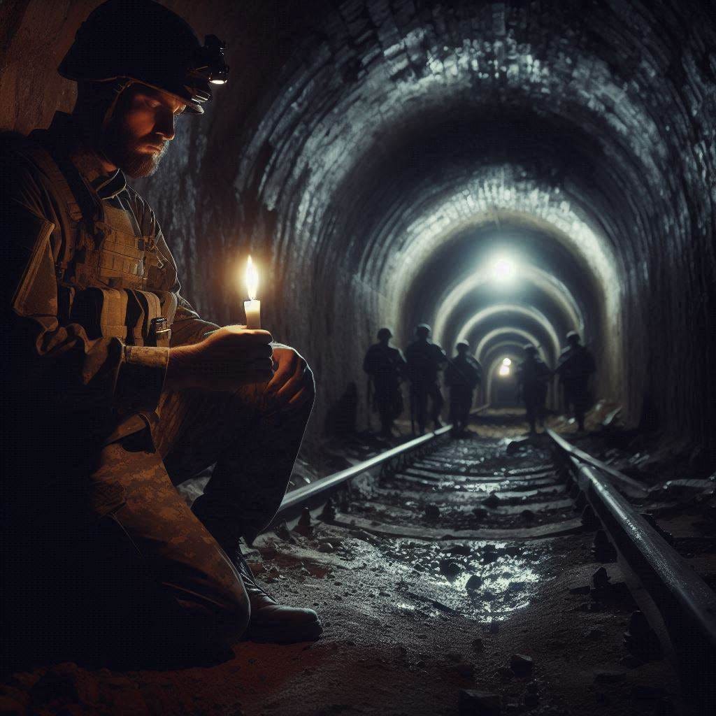 a soldier in a dark tunnel holding a candle