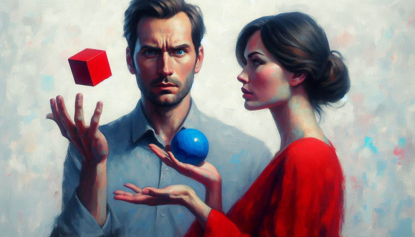 A man stares in confusion at a beautiful woman holding out a red square in one hand and a blue sphere in the other. Slight impressionist style. A man stares in confusion at a beautiful woman holding out a red square in one hand and a blue sphere in the other. Slight impressionist style.