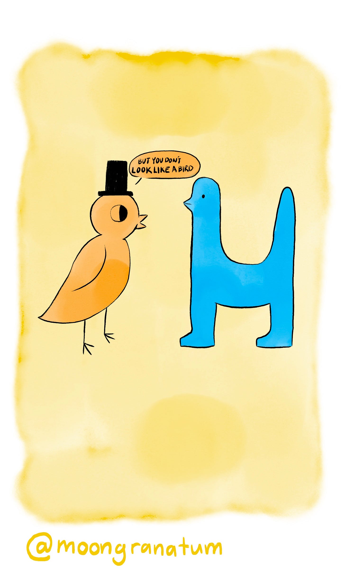 Moongranatum, a digital watercolor comic about birds. Panel 6 text reads: But you don’t look like a bird. Moongranatum, a digital watercolor comic about birds. Panel 6 text reads: But you don’t look like a bird.
