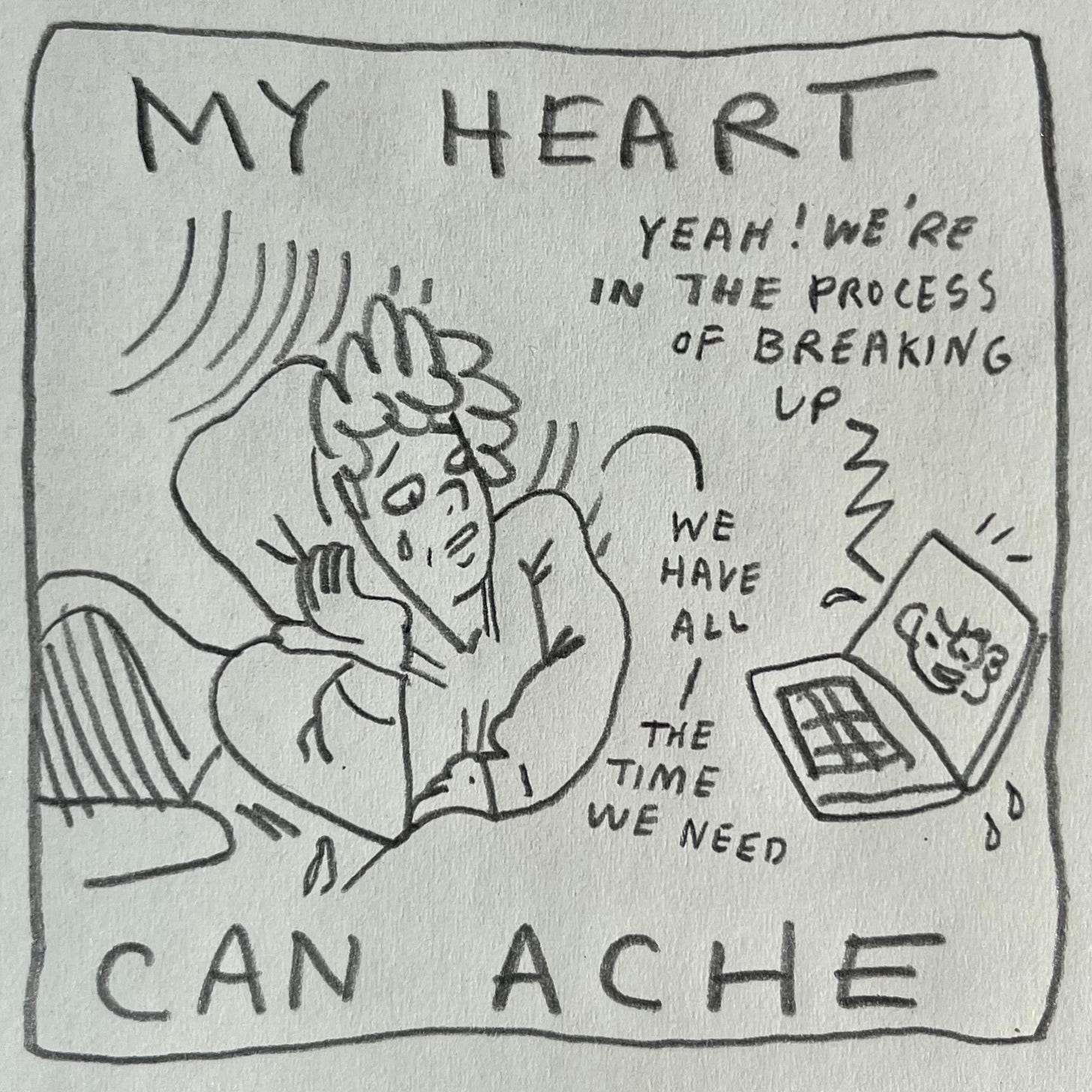 Panel 3: my heart can ache Image: A wave of curved lines slides behind Lark, almost pressing them into the table. They lean on one elbow, other hand clutching the table, eyebrows raised, with one tear on their cheek. The face on the computer says, "yeah! We're in the process of breaking up" and Lark replies, "we have all the time we need"