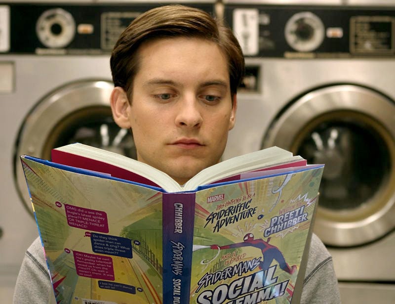 Tobey Maguire  appearing to read a photoshopped in copy of SPIDER-MAN'S SOCIAL DILEMMA