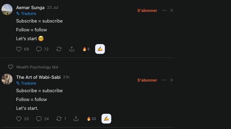 Examples of the reciprocal-support Notes I used to discover other new creators.