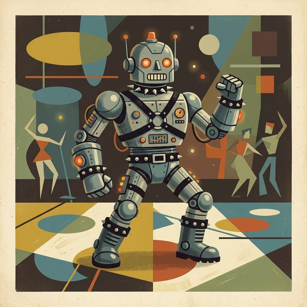 A retro robot wearing a harness and dancing in a club