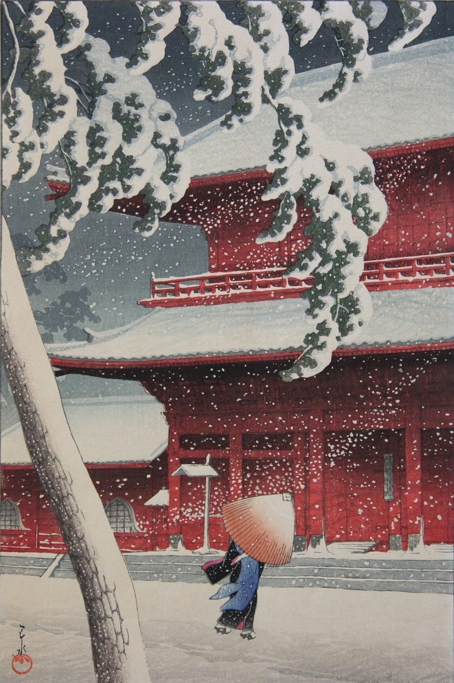 Kawase Hasui woodblock print of snow at Zojoji Temple, 1922