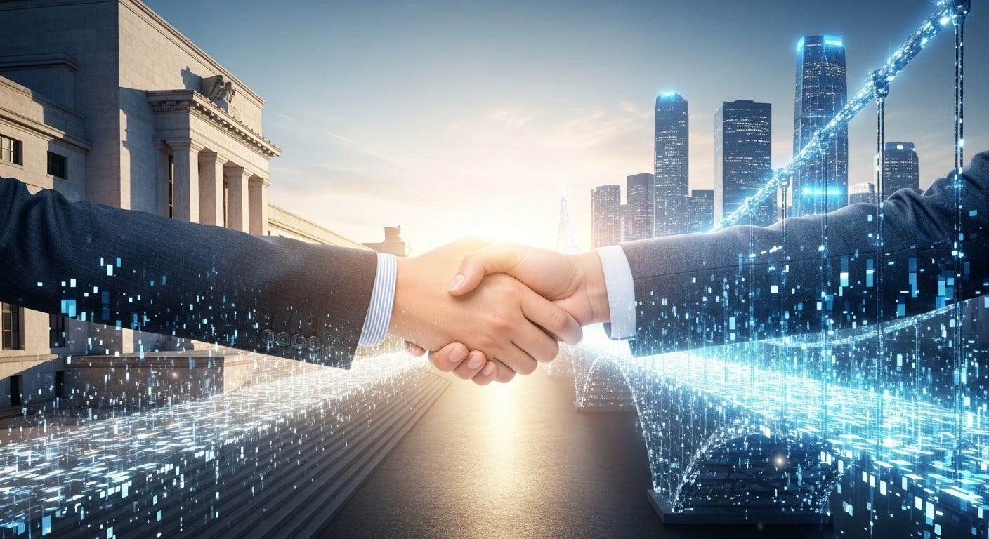 Two businesspeople shaking hands, with one side of the handshake blending into a classical building and the other into a modern city skyline, all connected by streams of digital data, symbolizing the intersection of traditional finance and technology.