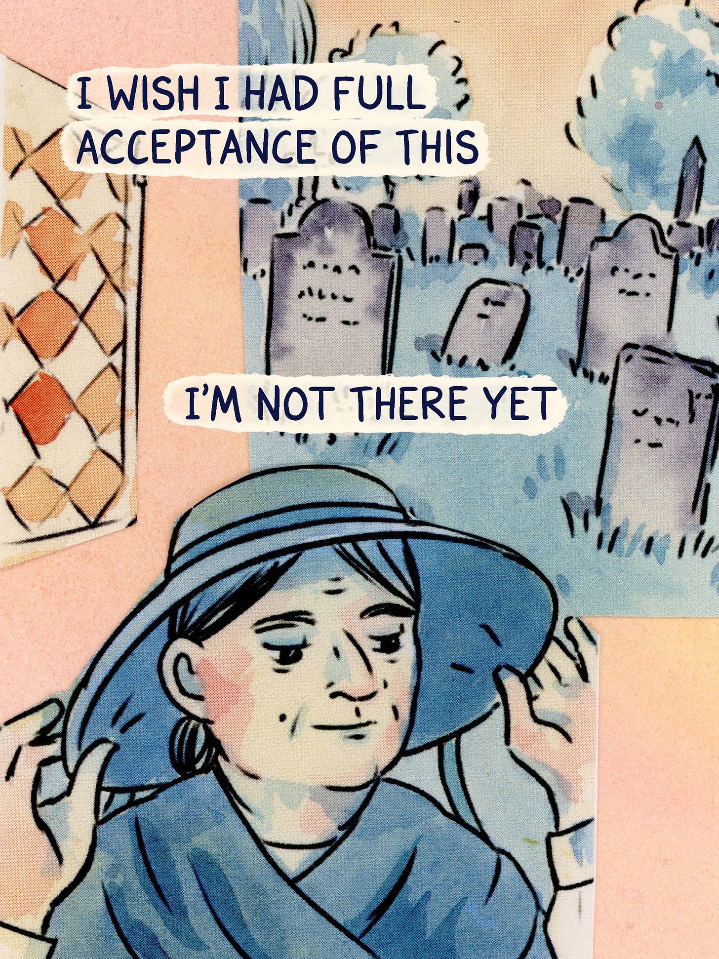 Watercolor comic page by graphic novelist K. Woodman-Maynard that reads, “I wish I had full acceptance of this, I’m not there yet.”